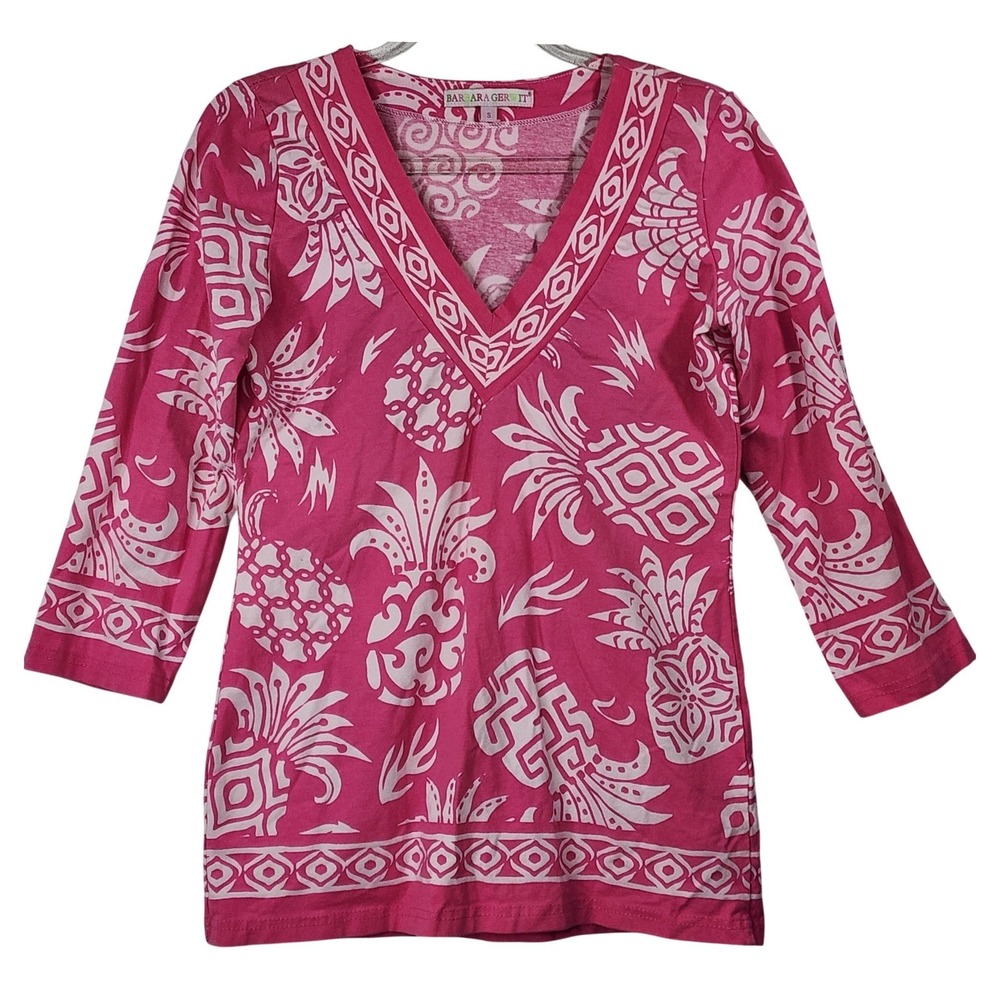 Barbara Gerwit Pineapple Print Top‎ Small Pink V-Neck 3/4 Sleeve Tropical Resort